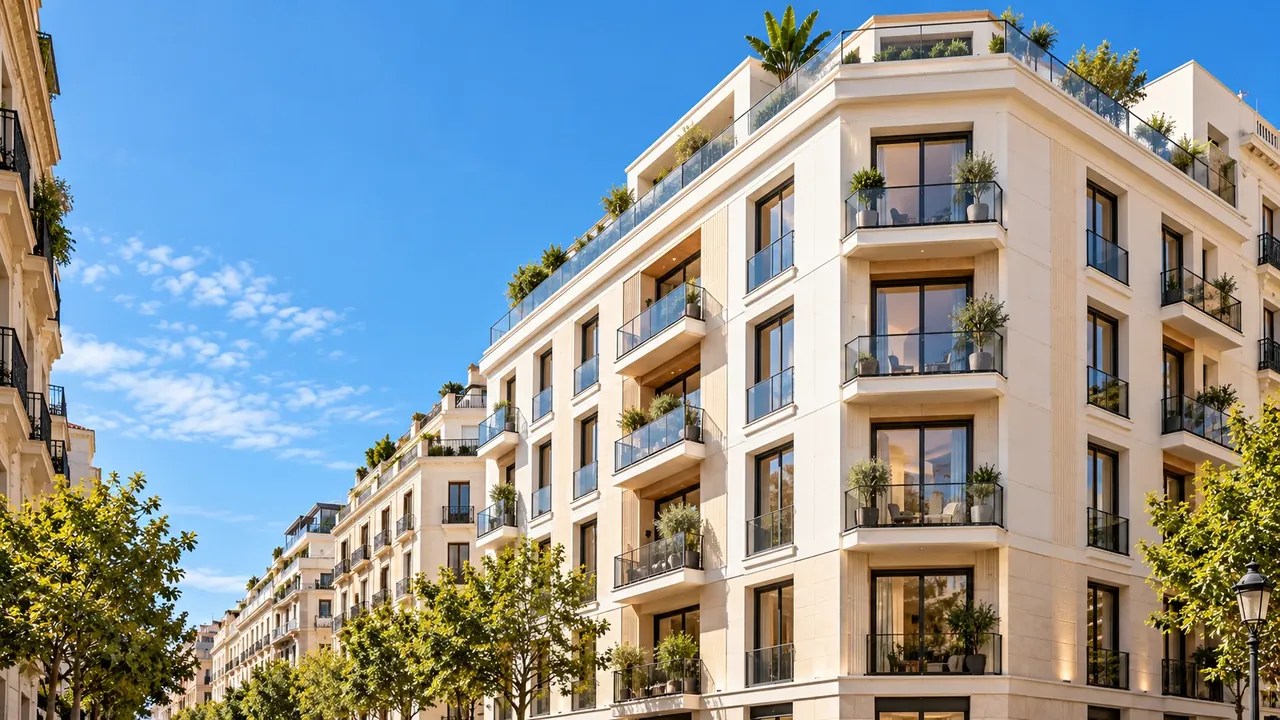 Edificio residencial de fachada clara con balcones acristalados y plantas en las terrazas