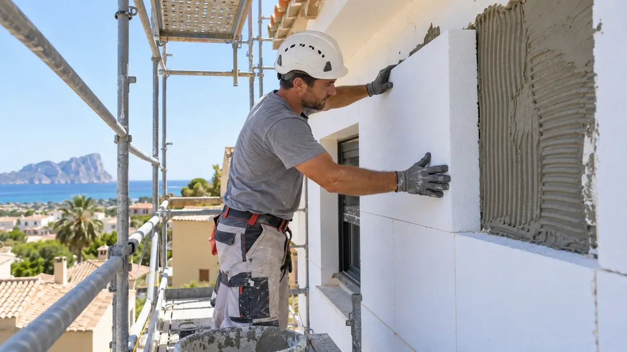 Instalador colocando paneles aislantes sobre el muro exterior de una vivienda